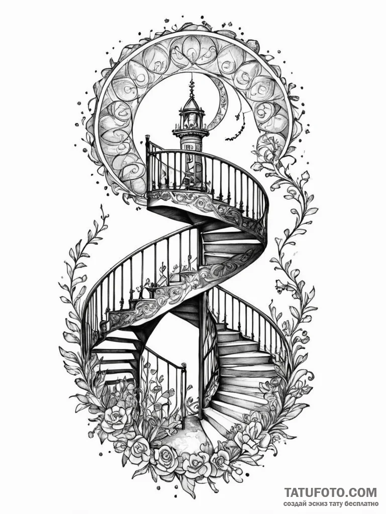 Spiral staircase descending into darkness, in... - эскиз тату (№1751863069_0, 07.07.2025 04:37) — Tatufoto.com