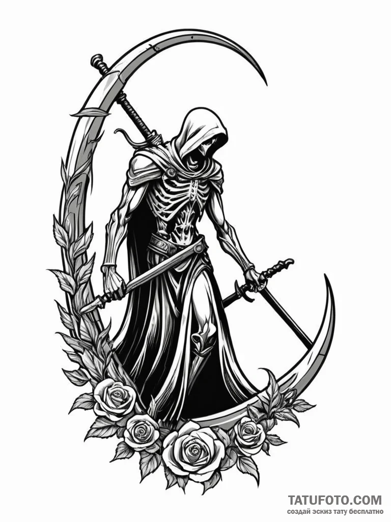 Reaper's scythe leaning against a wall, conce... - эскиз тату (№1751863839_0, 07.07.2025 04:50) — Tatufoto.com