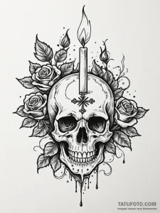 Candle with flame shaped like skull, ink illu... - эскиз тату (№1751865362_0, 07.07.2025 05:16) — Tatufoto.com