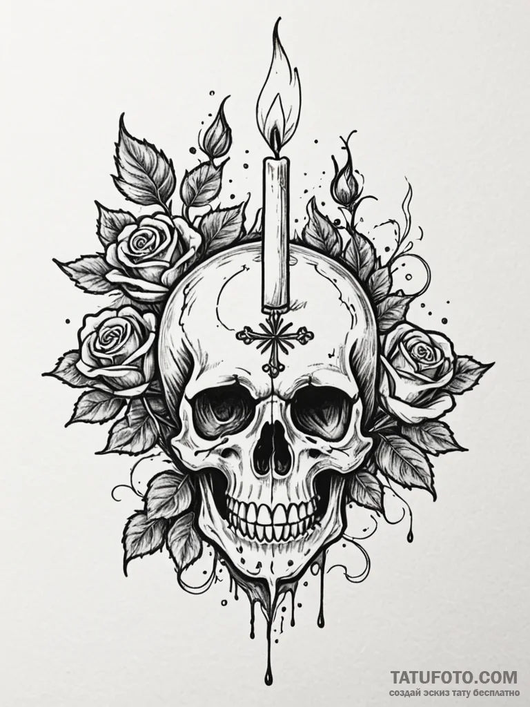 Candle with flame shaped like skull, ink illu… — эскиз тату (№1751865362_0, 07.07.2025 05:16) — Tatufoto.com