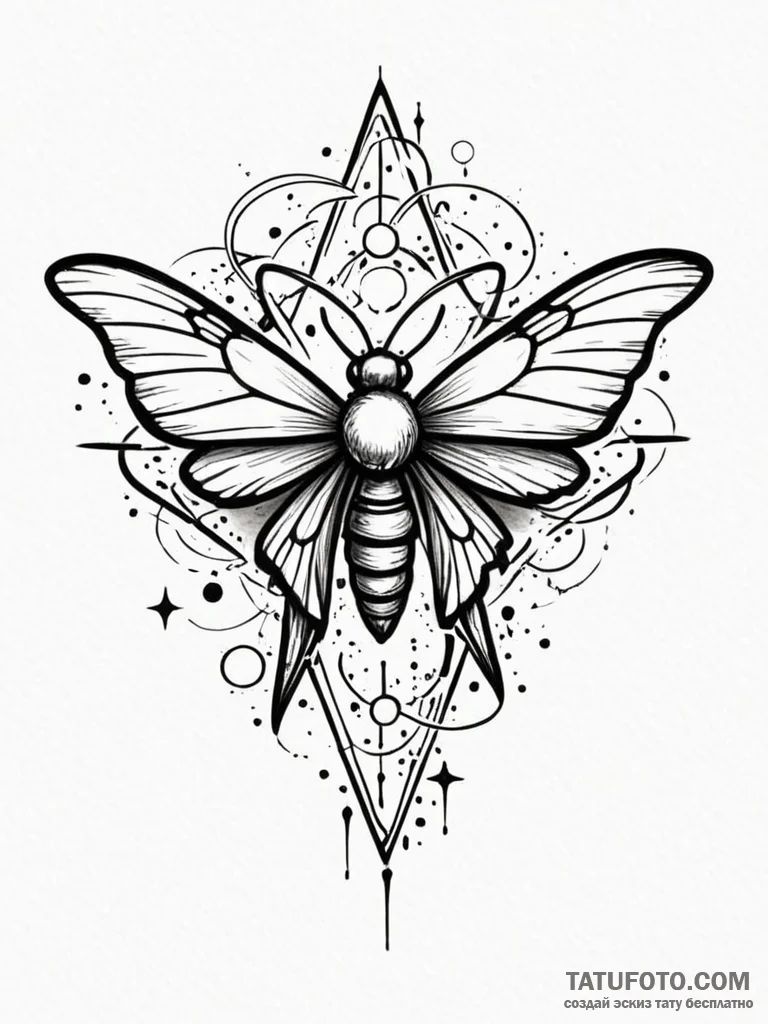 Atomic moth in shattered space, tattoo sketch… — эскиз тату (№1751866287_0, 07.07.2025 05:31) — Tatufoto.com