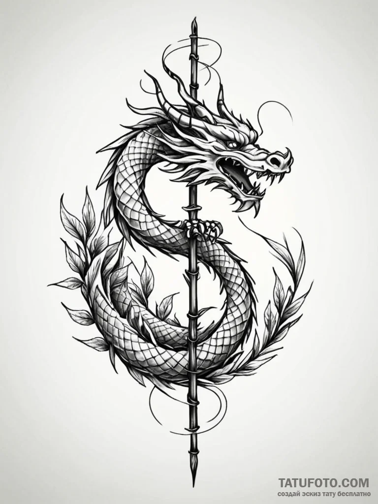 Jade dragon coiled around a bamboo stalk, art... - эскиз тату (№1751867052_0, 07.07.2025 05:44) — Tatufoto.com