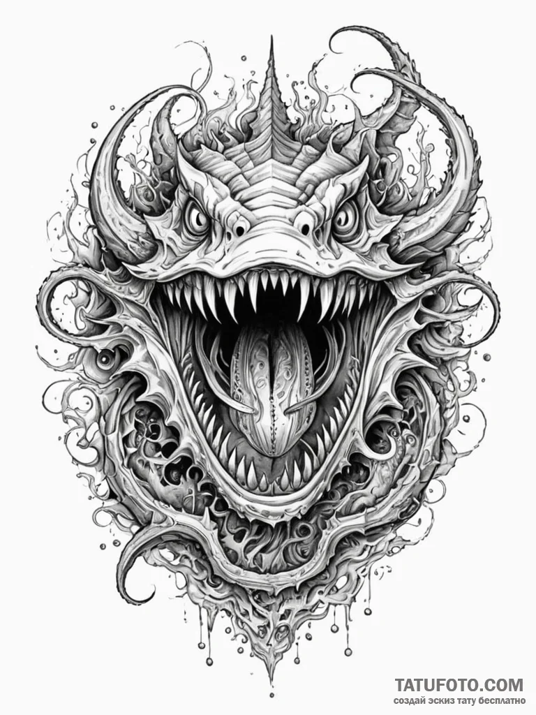Abyssal leviathan with glowing mouth, ink ill... - эскиз тату (№1751867472_0, 07.07.2025 05:51) — Tatufoto.com