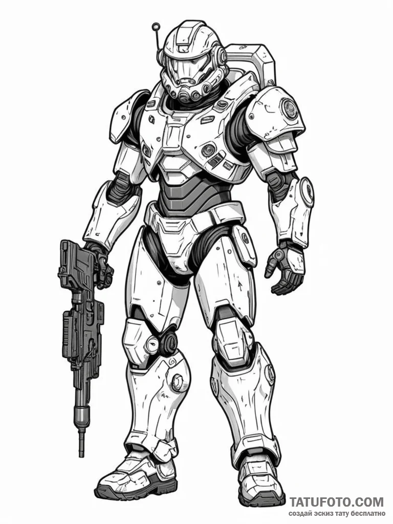 Futuristic soldier in power armor, reloading... - эскиз тату (№1751867558_0, 07.07.2025 05:52) — Tatufoto.com
