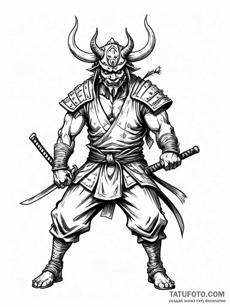 Samurai fighting an oni, tattoo sketch design... - эскиз тату (№1751867726_0, 07.07.2025 05:55) — Tatufoto.com