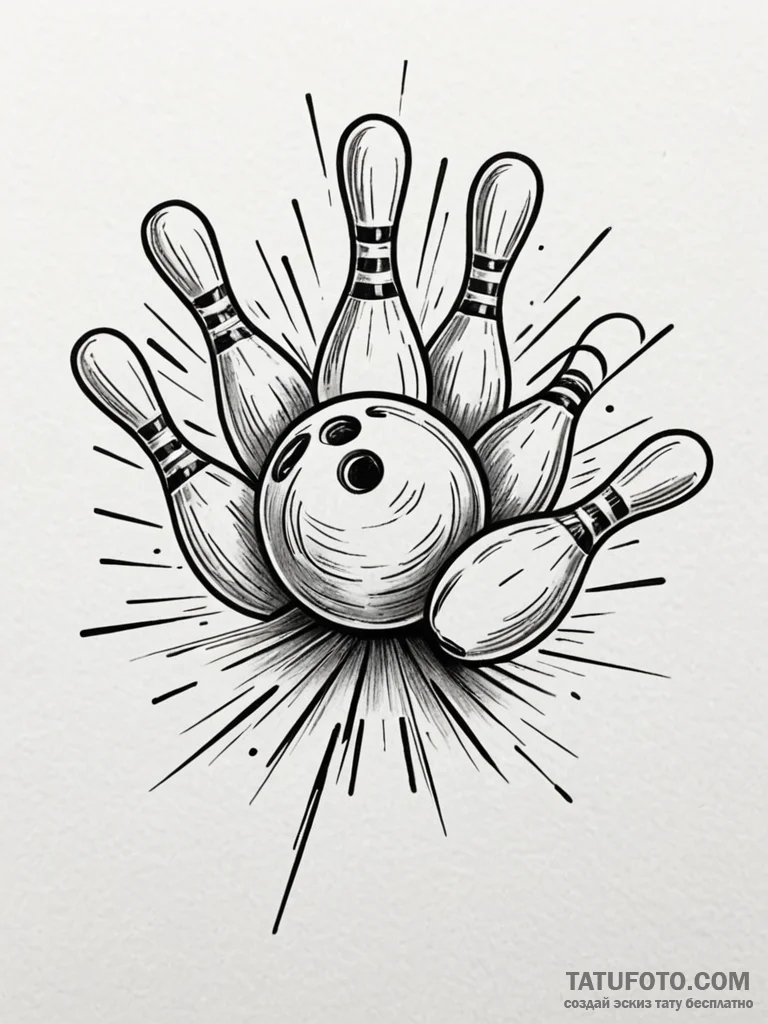 A powerful bowling ball hitting pins, strike,... - эскиз тату (№1751868482_0, 07.07.2025 06:08) — Tatufoto.com