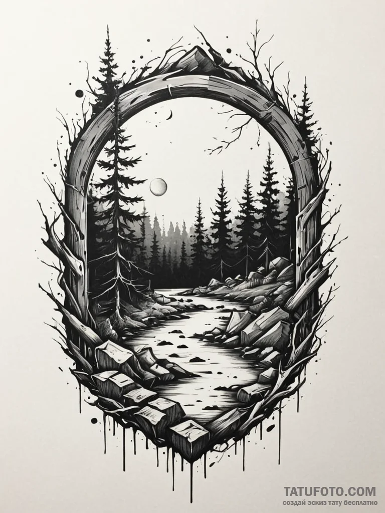 Dark portal opening in forest, artistic tatto... - эскиз тату (№1751868567_0, 07.07.2025 06:09) — Tatufoto.com