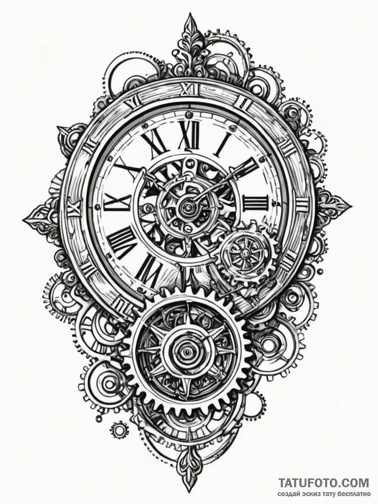Antique clock with exposed gears, artistic ta... - эскиз тату (№1751868735_0, 07.07.2025 06:12) — Tatufoto.com