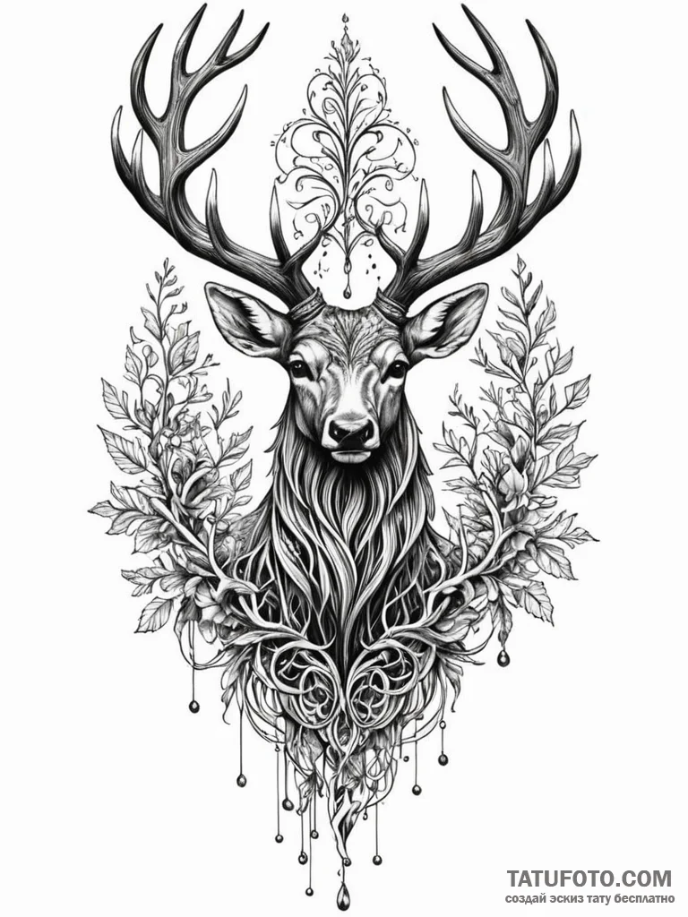 Dark stag crowned with roots, tattoo drawing... - эскиз тату (№1751868820_0, 07.07.2025 06:13) — Tatufoto.com