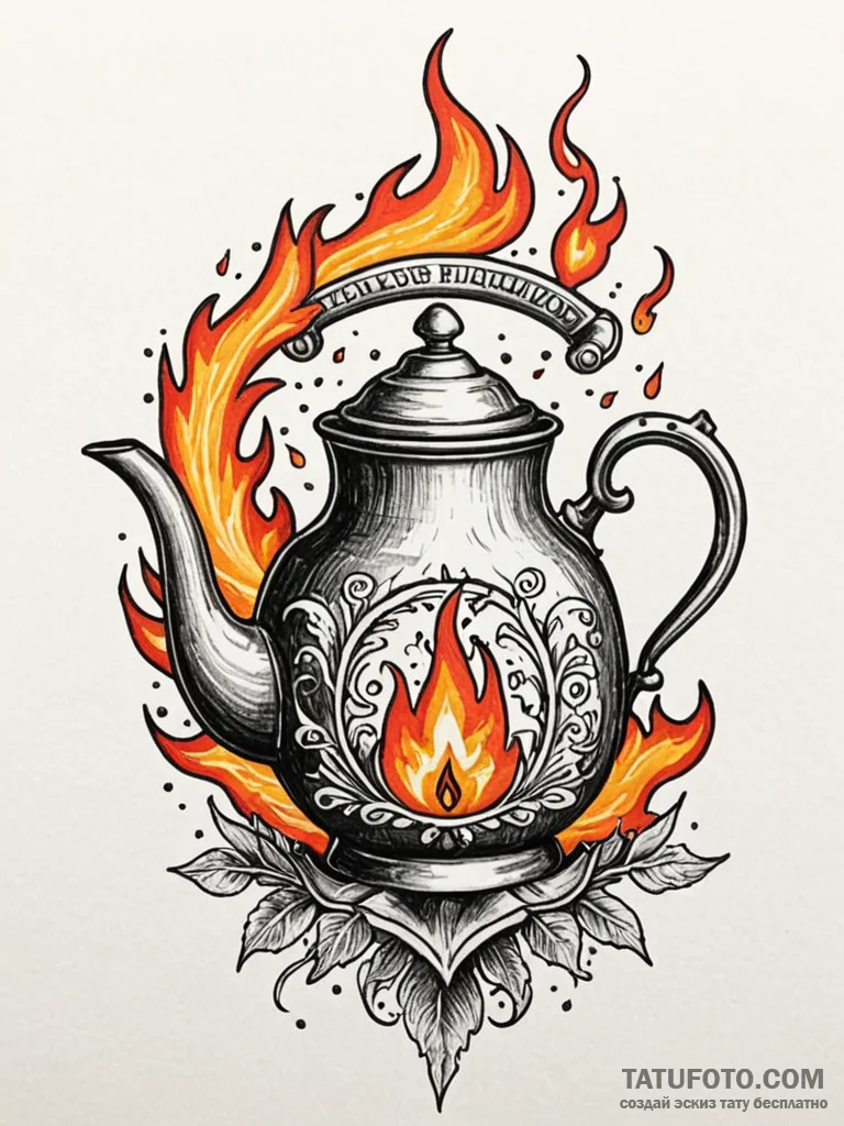 Kettle over ghostly flames, tattoo line art,... - эскиз тату (№1751869245_0, 07.07.2025 06:20) — Tatufoto.com