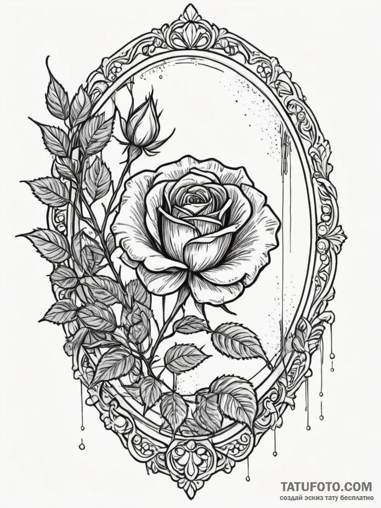 Rose mirror beneath spectral gate, ink illust… — эскиз тату (№1751869922_0, 07.07.2025 06:32) — Tatufoto.com