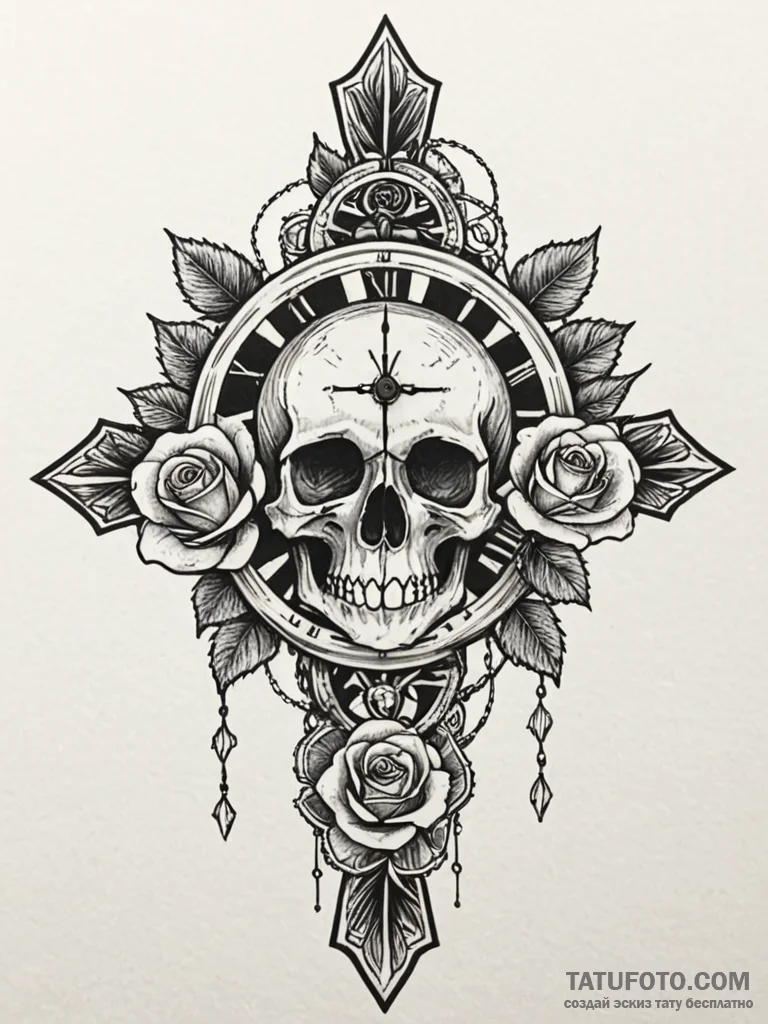 Clock gears entwined with thorns, artistic ta... - эскиз тату (№1751870594_0, 07.07.2025 06:43) — Tatufoto.com