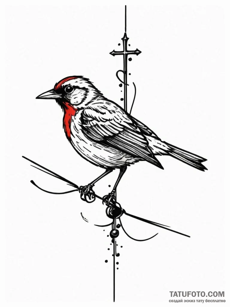 A whimsical bird on a wire, observational,, t... - эскиз тату (№1751871014_0, 07.07.2025 06:50) — Tatufoto.com
