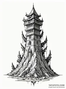Kaiju fangs breaking bone tower, ink illustra... - эскиз тату (№1751871773_0, 07.07.2025 07:02) — Tatufoto.com