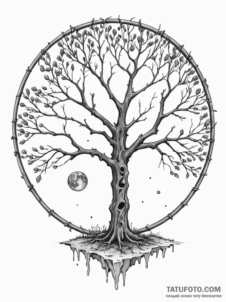 Ringed moon behind skeletal tree, concept art... - эскиз тату (№1751871858_0, 07.07.2025 07:04) — Tatufoto.com