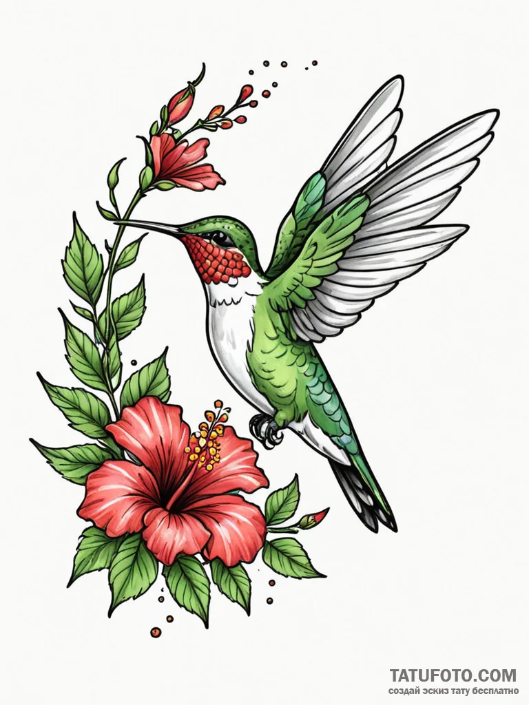 A hummingbird drinking from a hibiscus flower... - эскиз тату (№1751872110_0, 07.07.2025 07:08) — Tatufoto.com