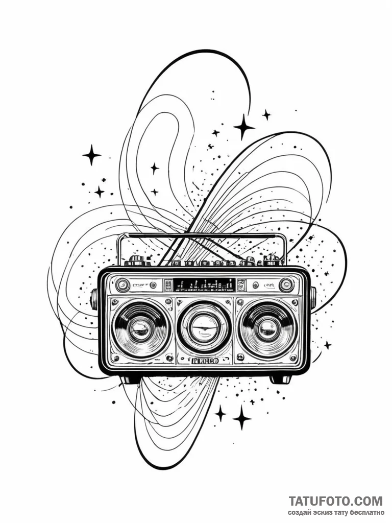 A vintage radio broadcasting sound waves and... - эскиз тату (№1751872276_0, 07.07.2025 07:11) — Tatufoto.com