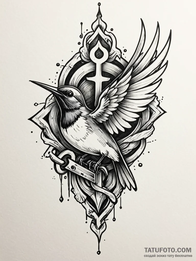 Swallow carrying a key in its beak, tattoo li… — эскиз тату (№1751872525_0, 07.07.2025 07:15) — Tatufoto.com