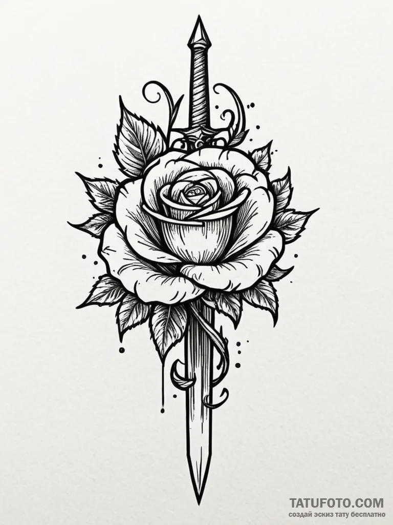 Dagger pierced through rose, tattoo flash she... - эскиз тату (№1751872777_0, 07.07.2025 07:19) — Tatufoto.com