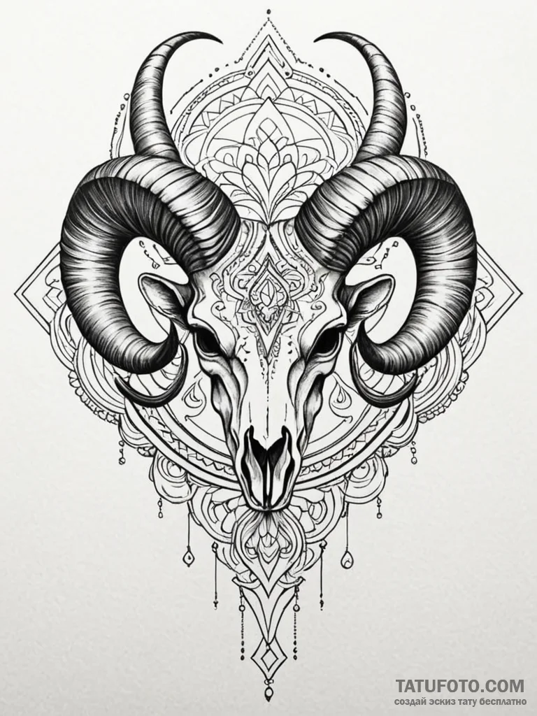 Ram's skull with ornate, swirling horns, tatt... - эскиз тату (№1751872985_0, 07.07.2025 07:23) — Tatufoto.com
