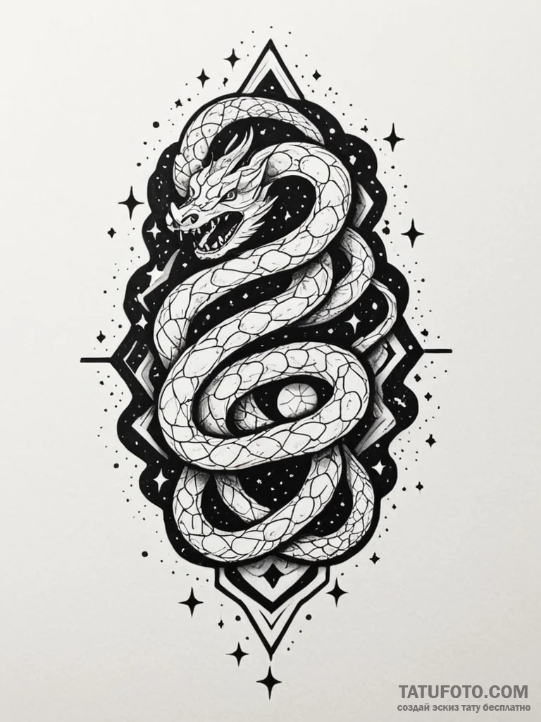Nebula serpent weaving through stars, ink ill... - эскиз тату (№1751873322_0, 07.07.2025 07:28) — Tatufoto.com