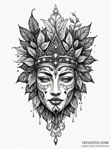 Totem mask crowned in ivy, ink illustration f... - эскиз тату (№1751874340_0, 07.07.2025 07:45) — Tatufoto.com