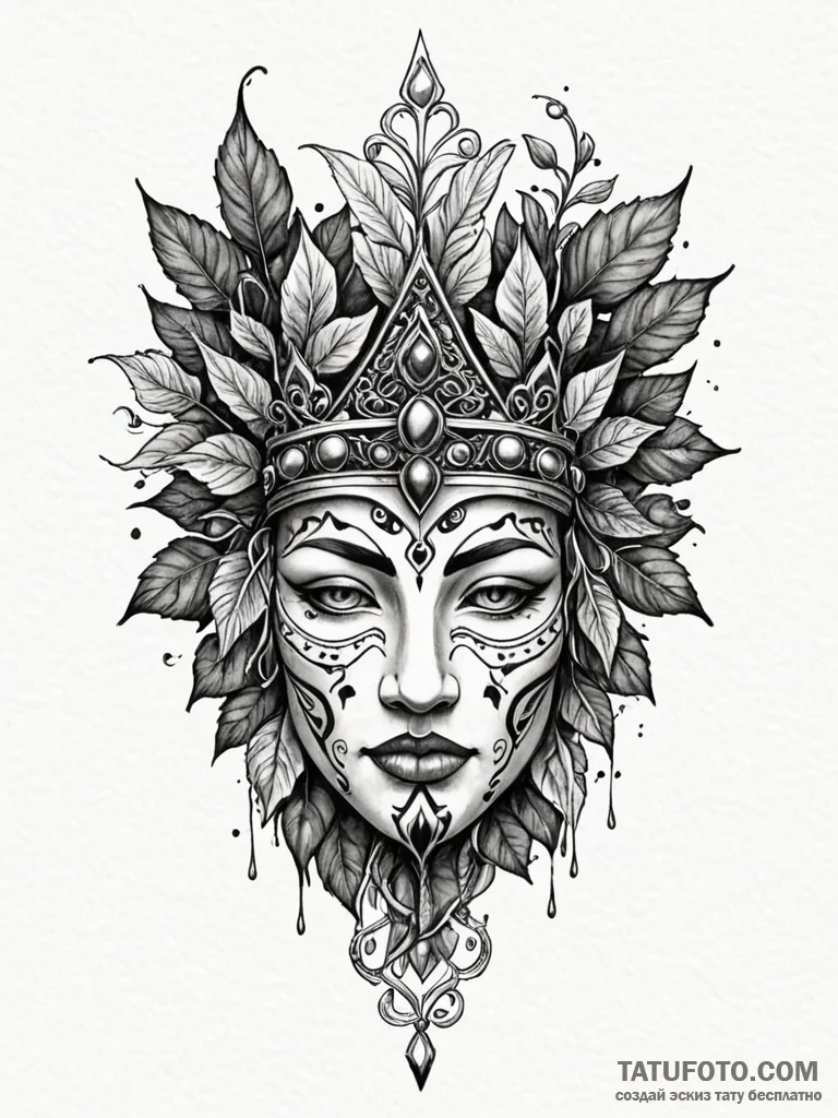 Totem mask crowned in ivy, ink illustration f… — эскиз тату (№1751874340_0, 07.07.2025 07:45) — Tatufoto.com