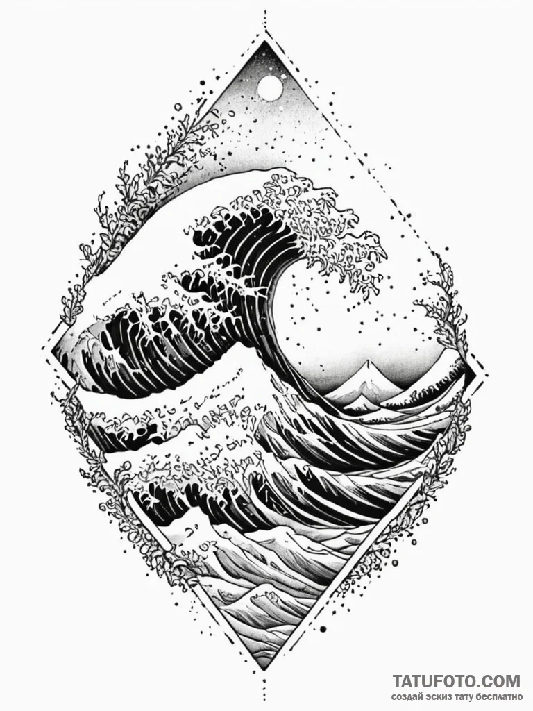 Ocean wave frozen mid-crash, tattoo line art,... - эскиз тату (№1751874934_0, 07.07.2025 07:55) — Tatufoto.com