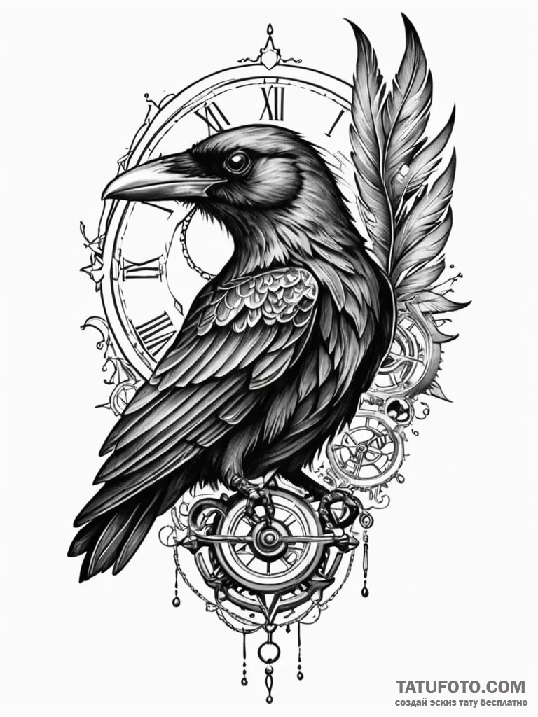 Clockwork raven with metal feathers, concept... - эскиз тату (№1751875187_0, 07.07.2025 07:59) — Tatufoto.com