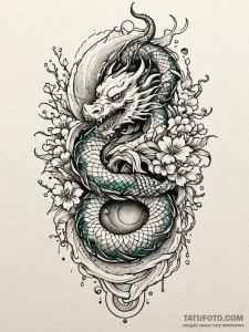 Emerald serpent biting sun, tattoo line art,... - эскиз тату (№1751875941_0, 07.07.2025 08:12) — Tatufoto.com