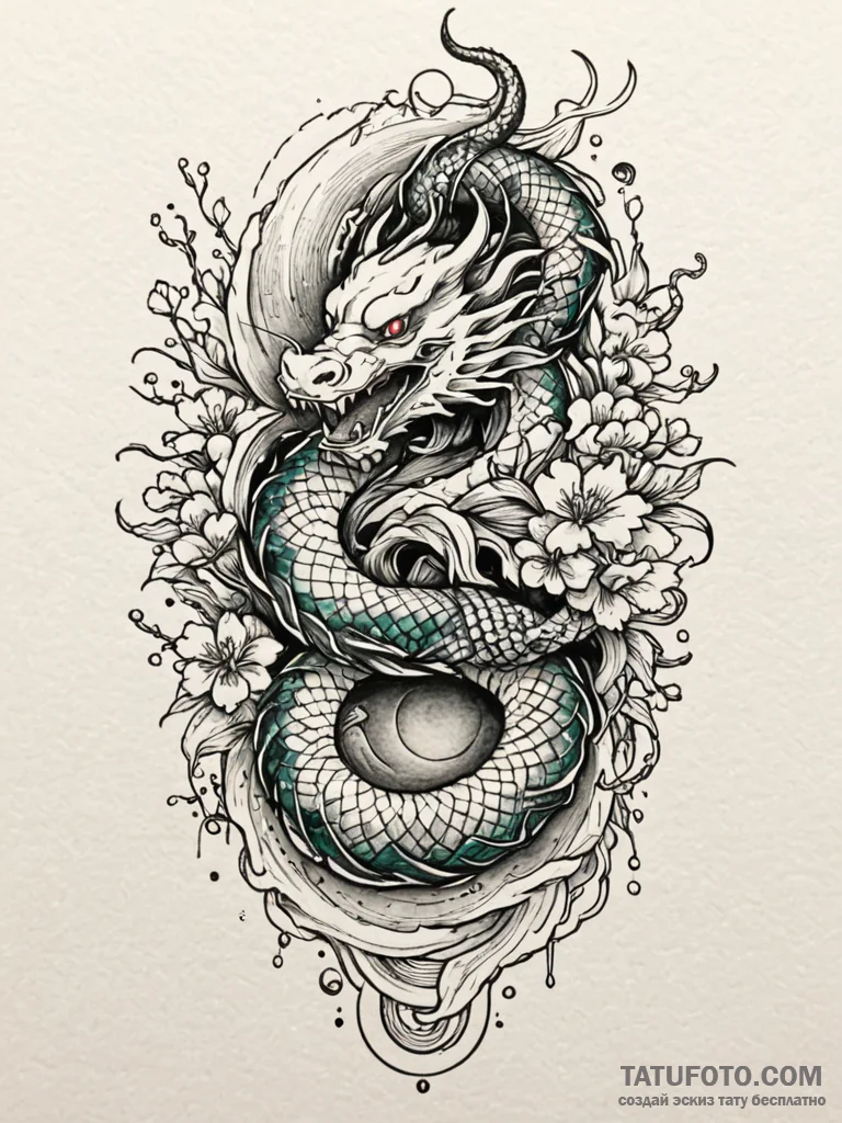 Emerald serpent biting sun, tattoo line art,... - эскиз тату (№1751875941_0, 07.07.2025 08:12) — Tatufoto.com
