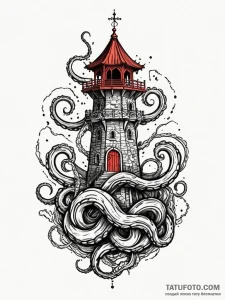 Kraken coil around ancient tower, tattoo flas... - эскиз тату (№1751876025_0, 07.07.2025 08:13) — Tatufoto.com