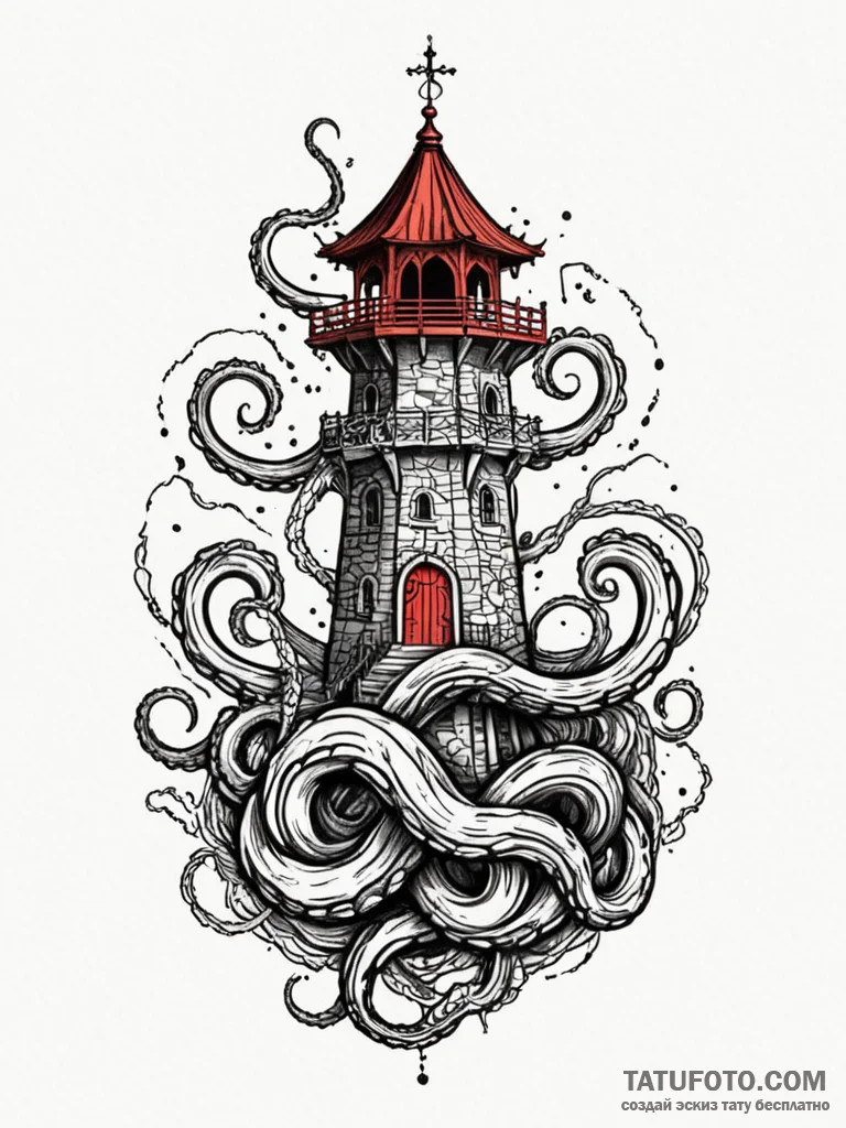Kraken coil around ancient tower, tattoo flas... - эскиз тату (№1751876025_0, 07.07.2025 08:13) — Tatufoto.com