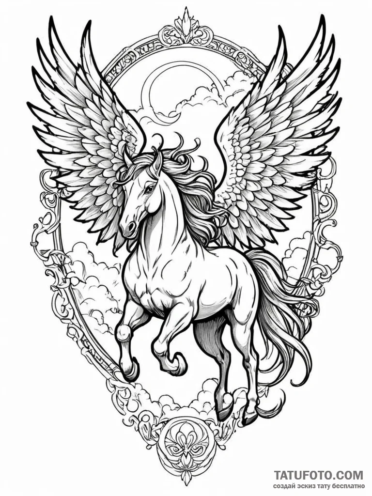 Pegasus with wings made of storm clouds, tatt… — эскиз тату (№1751876362_0, 07.07.2025 08:19) — Tatufoto.com