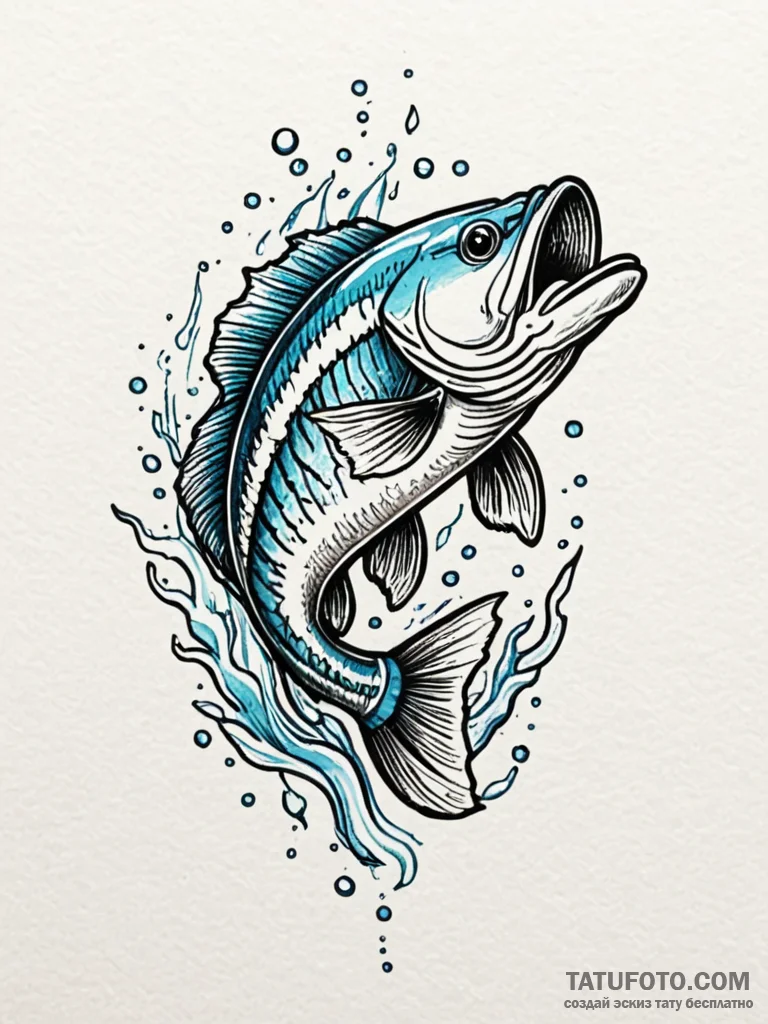 A majestic bass fish leaping from water, fish... - эскиз тату (№1751876446_0, 07.07.2025 08:20) — Tatufoto.com