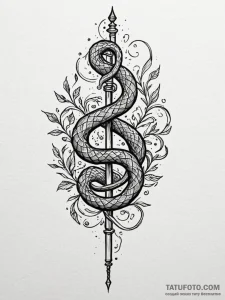 Arcane serpent around broken staff, ink illus... - эскиз тату (№1751876531_0, 07.07.2025 08:22) — Tatufoto.com