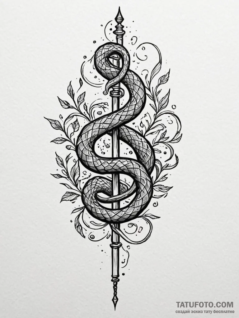 Arcane serpent around broken staff, ink illus... - эскиз тату (№1751876531_0, 07.07.2025 08:22) — Tatufoto.com