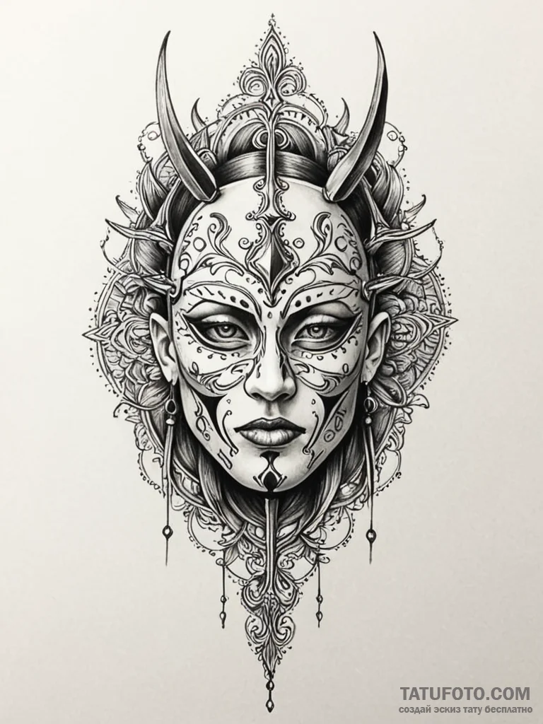 Mask pierced by twin daggers, artistic tattoo... - эскиз тату (№1751876616_0, 07.07.2025 08:23) — Tatufoto.com