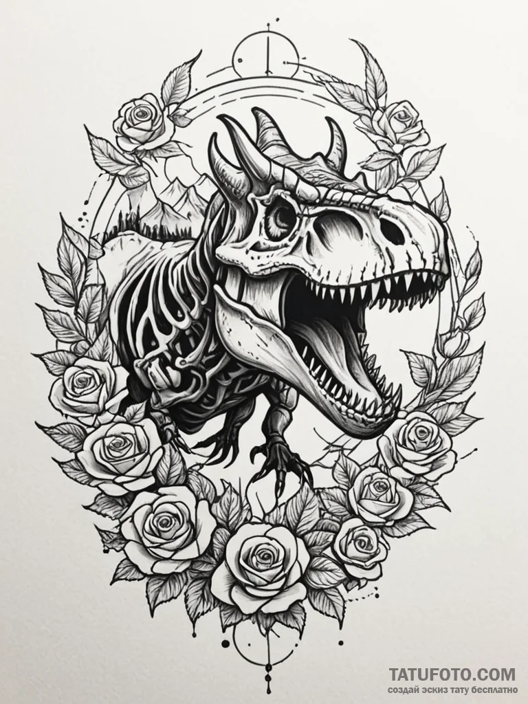 Dinosaur skeleton (t-rex, triceratops), artis... - эскиз тату (№1751876869_0, 07.07.2025 08:27) — Tatufoto.com