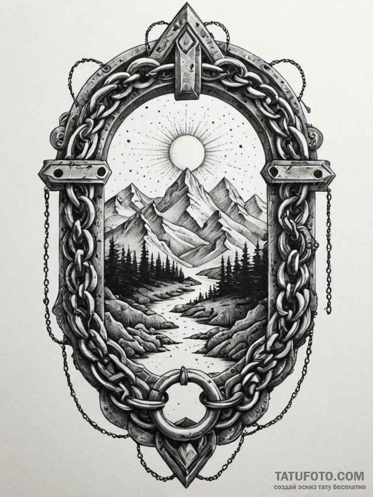 Stone portal bound in chains, artistic tattoo... - эскиз тату (№1751877512_0, 07.07.2025 08:38) — Tatufoto.com