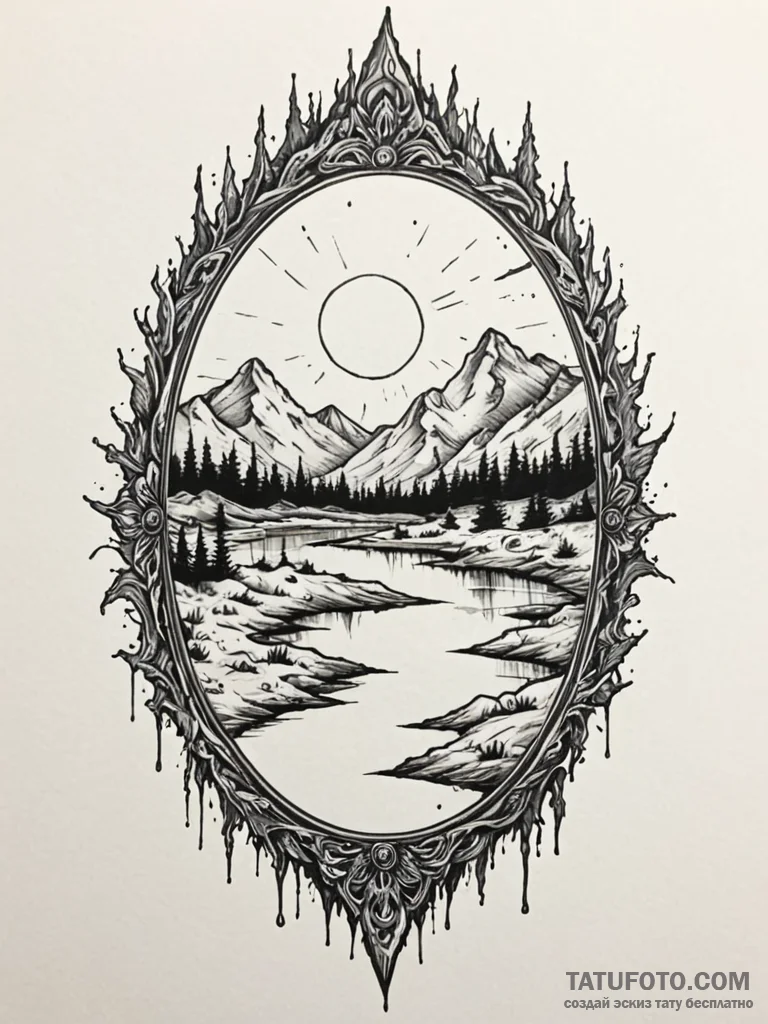 Apocalyptic mirror showing void, ink illustra… — эскиз тату (№1751878111_0, 07.07.2025 08:48) — Tatufoto.com
