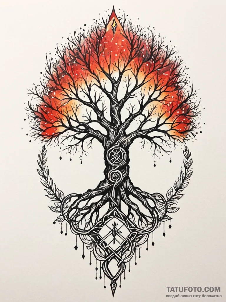 Yggdrasil's roots wrapping around a glowing r... - эскиз тату (№1751878532_0, 07.07.2025 08:55) — Tatufoto.com