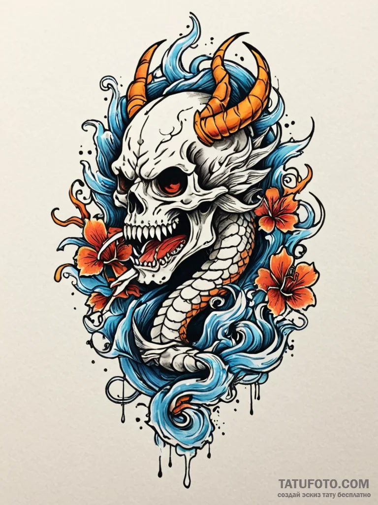 Animated skull breathing smoke, tattoo flash... - эскиз тату (№1751878788_0, 07.07.2025 08:59) — Tatufoto.com
