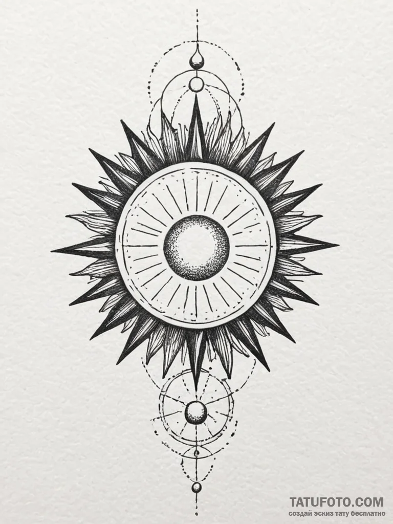 Iron relic beneath eclipsed sun, ink illustra... - эскиз тату (№1751879127_0, 07.07.2025 09:05) — Tatufoto.com