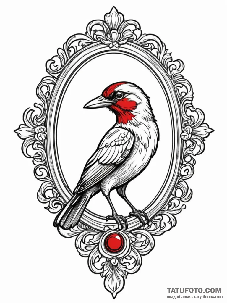 A whimsical bird looking in a mirror, curious... - эскиз тату (№1751879379_0, 07.07.2025 09:09) — Tatufoto.com