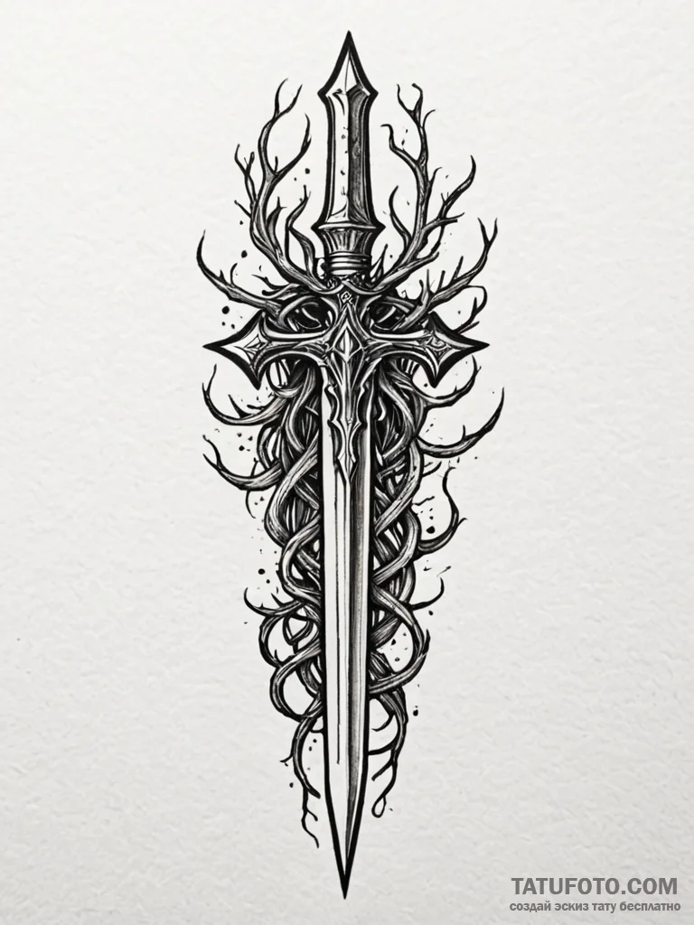 Hallowed dagger crowned with roots, ink illus... - эскиз тату (№1751879547_0, 07.07.2025 09:12) — Tatufoto.com
