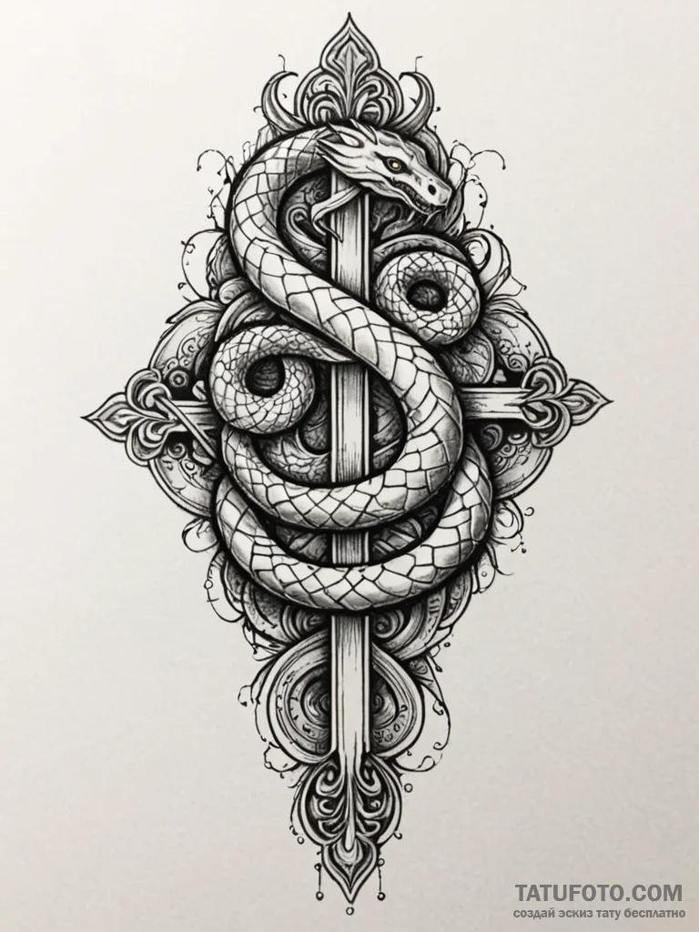 Fountain of youth guarded by a stone serpent,… — эскиз тату (№1751879968_0, 07.07.2025 09:19) — Tatufoto.com