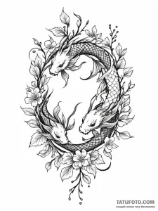 Koi dragon entwined with cherry branches, tat... - эскиз тату (№1751880306_0, 07.07.2025 09:25) — Tatufoto.com