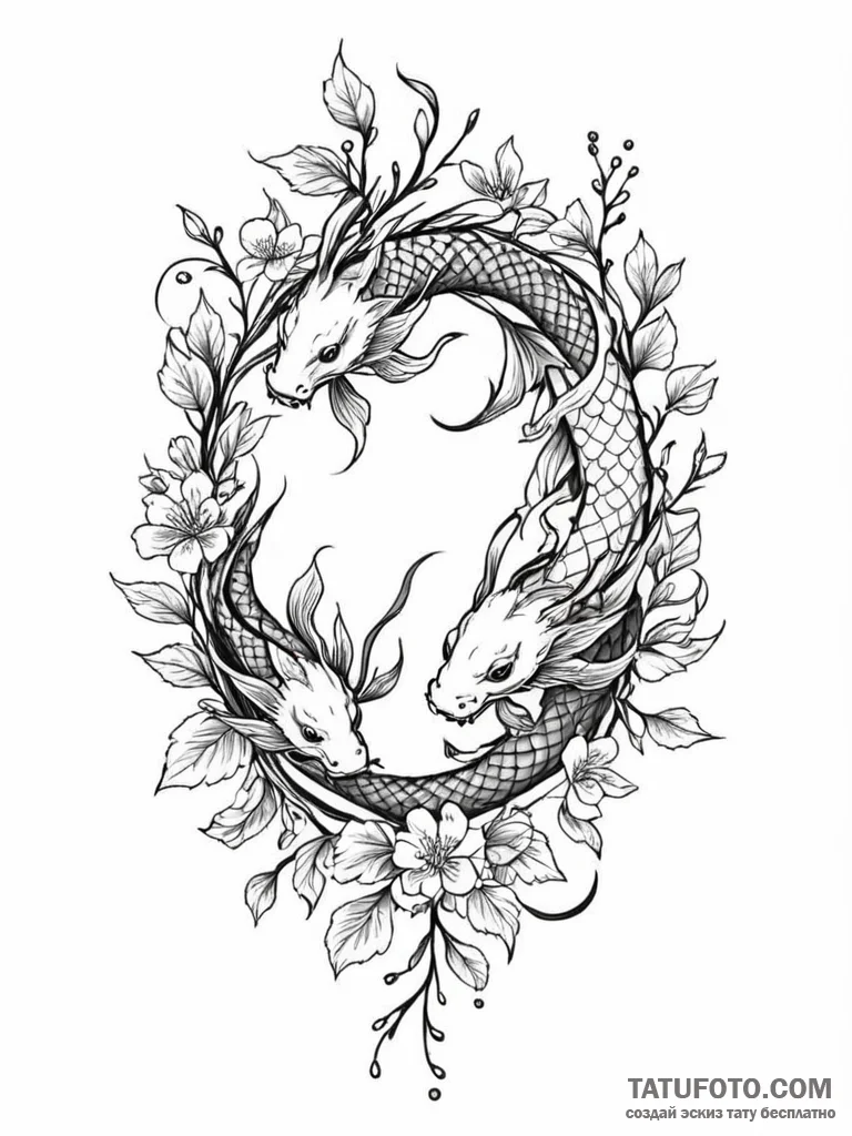Koi dragon entwined with cherry branches, tat... - эскиз тату (№1751880306_0, 07.07.2025 09:25) — Tatufoto.com