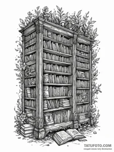 A detailed bookcase full of books, extensive,... - эскиз тату (№1751880390_0, 07.07.2025 09:26) — Tatufoto.com